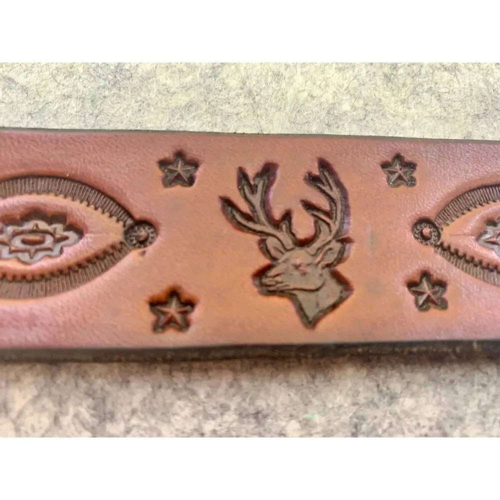River Ridge Leather Belt, Maker Dennis Knight Tooled Brown Woodland Belt Sz 38